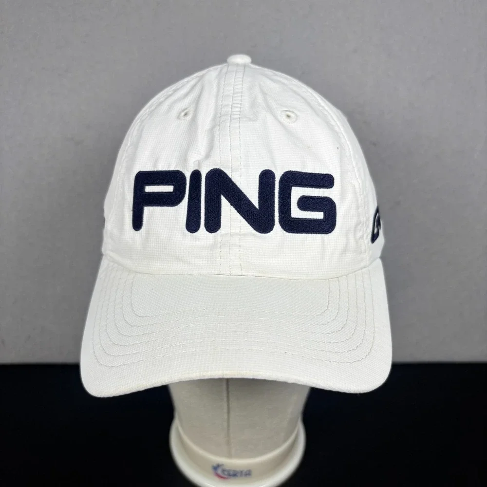 PING G25 Performance Golf Cap Adjustable Strap Back Hat White Navy Blue Logo